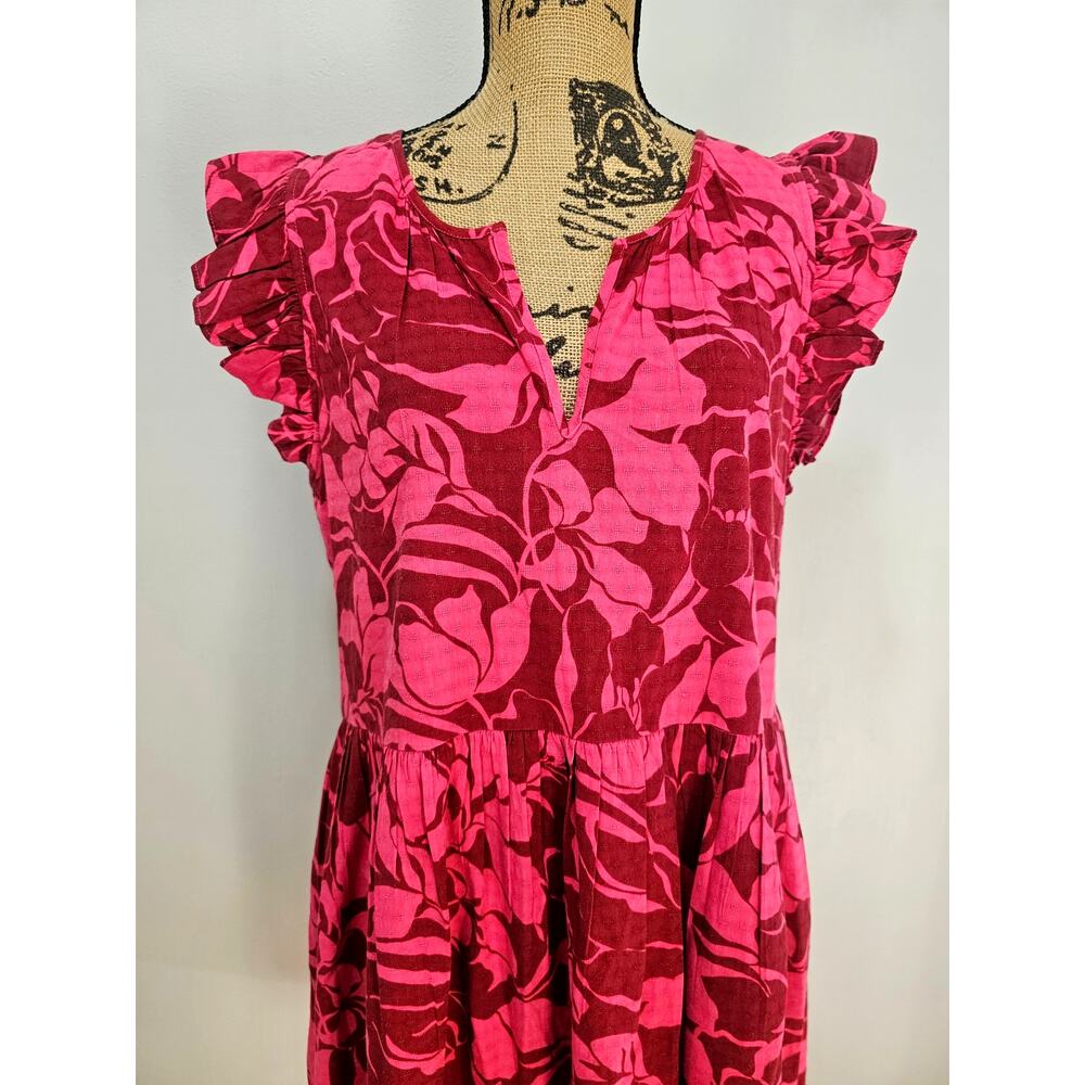 Evereve Charlotte Pink Floral Mini Dress Ruffle Flutter Sleeve, Pockets, Sz L - Picture 5 of 8